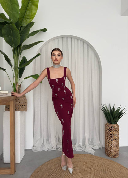 فستان عنابي بكرستال - KP2181