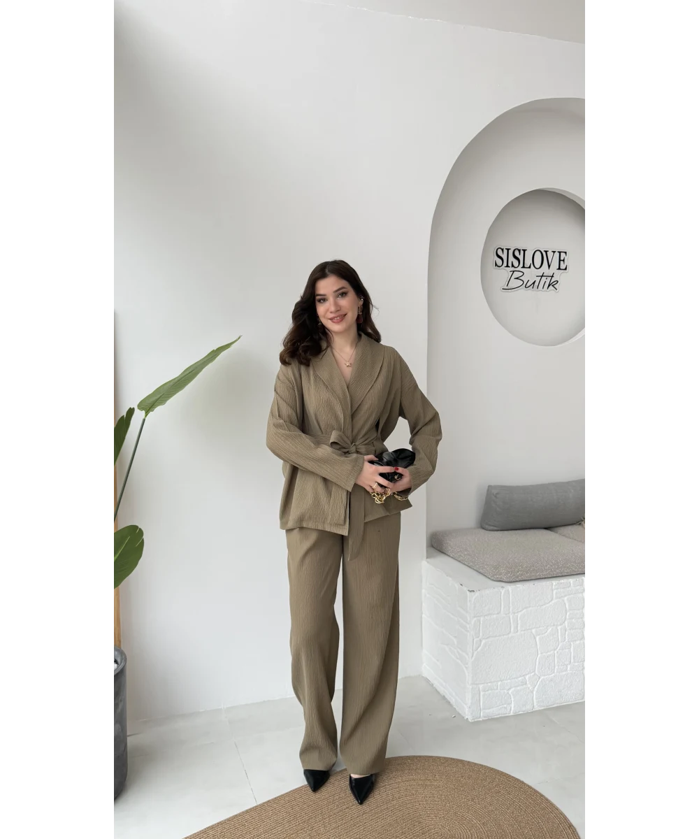 طقم كيمونو مع بنطلون زيتي - KP1525