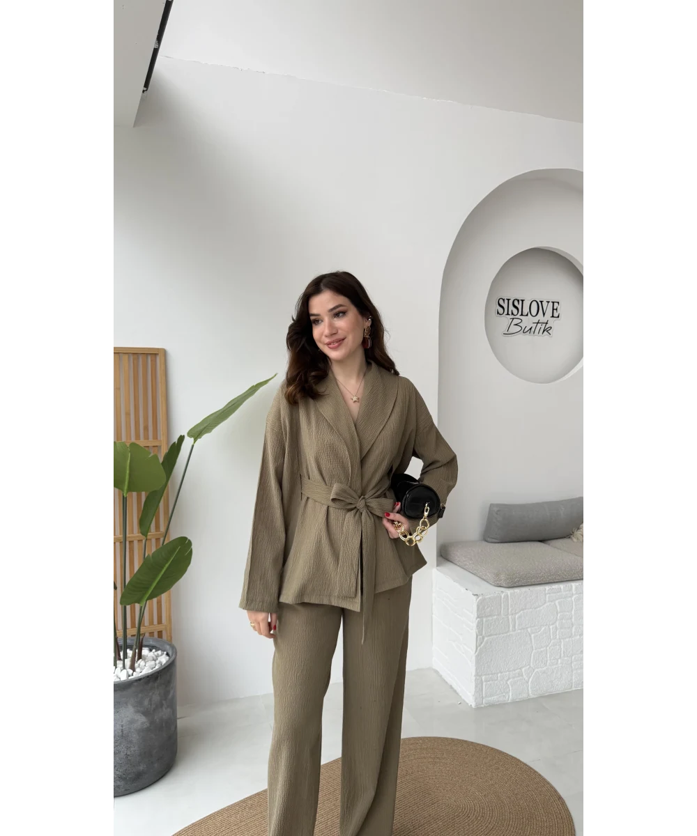 طقم كيمونو مع بنطلون زيتي - KP1525