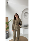 طقم كيمونو مع بنطلون زيتي - KP1525