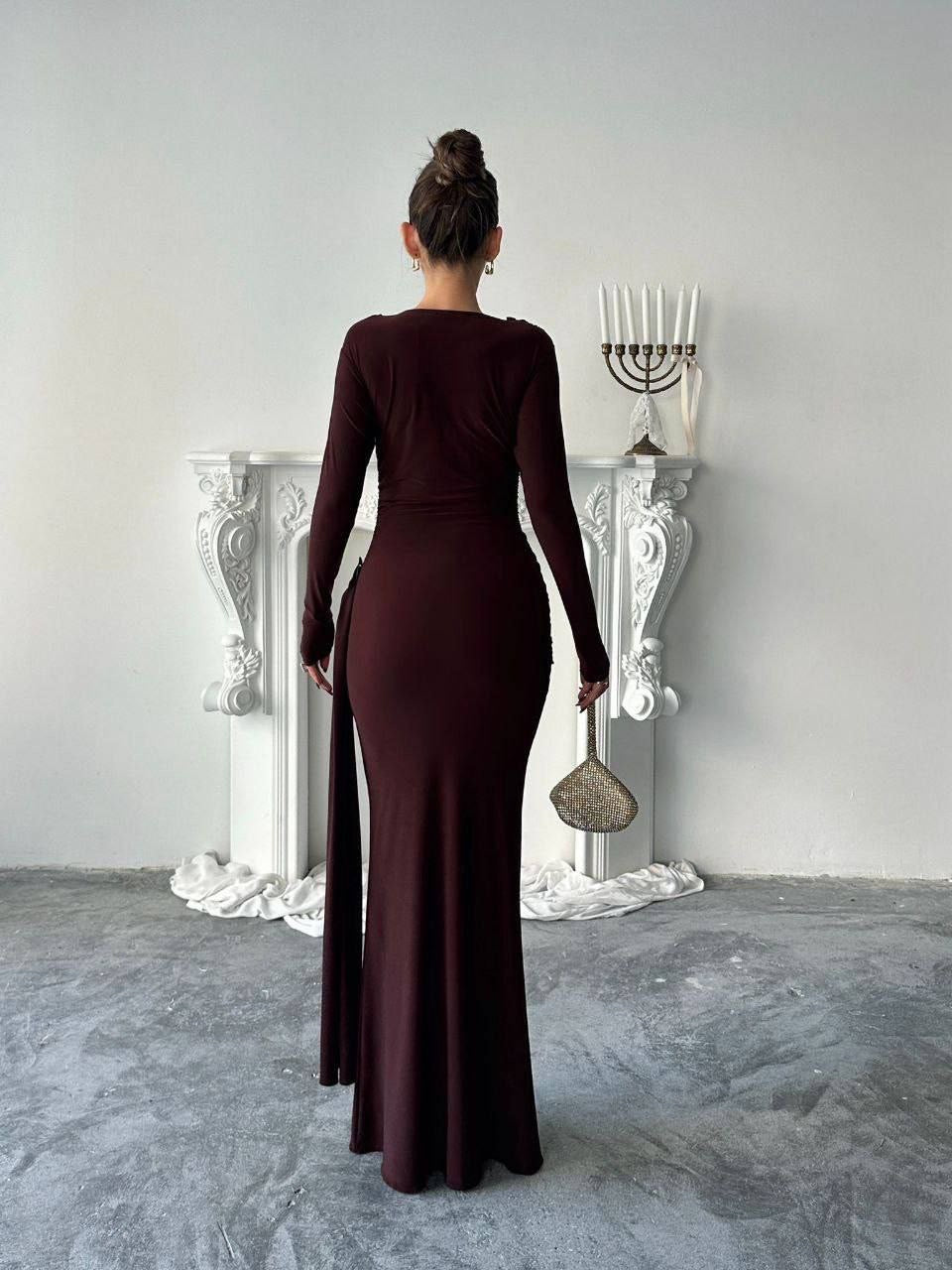 فستان لايكرا بني - KP2238