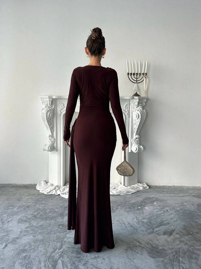 فستان لايكرا بني - KP2238