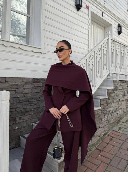 طقم بليزر مع لفحة وبنطلون عنابي - KP1463