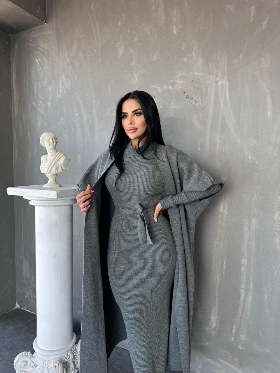 طقم رمادي فستان مع جرزة - KP1433