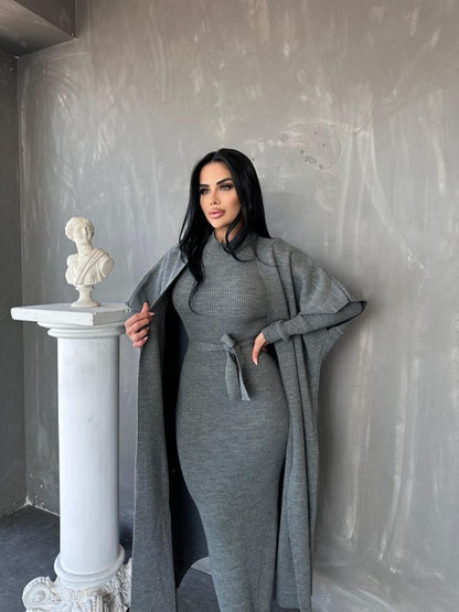 طقم رمادي فستان مع جرزة - KP1433