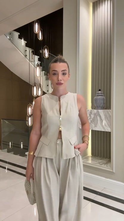 طقم ڤيست بسحاب وبنطلون بيج - KP1350