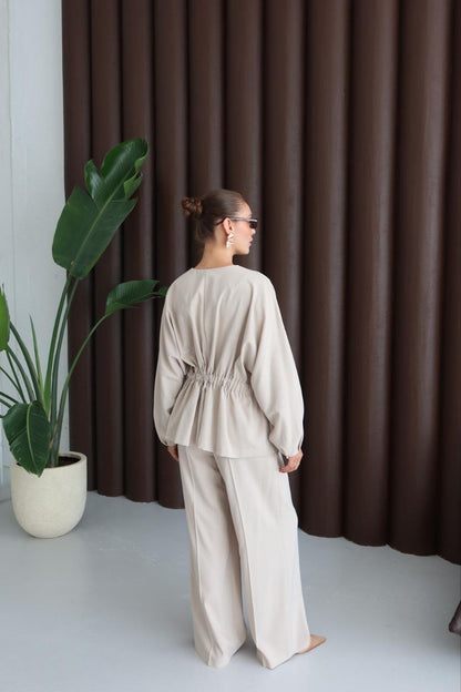 طقم جكيت مخصر مع بنطلون بيج - KP1344