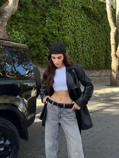 جكيت ترنش اسود جلد - KP7088