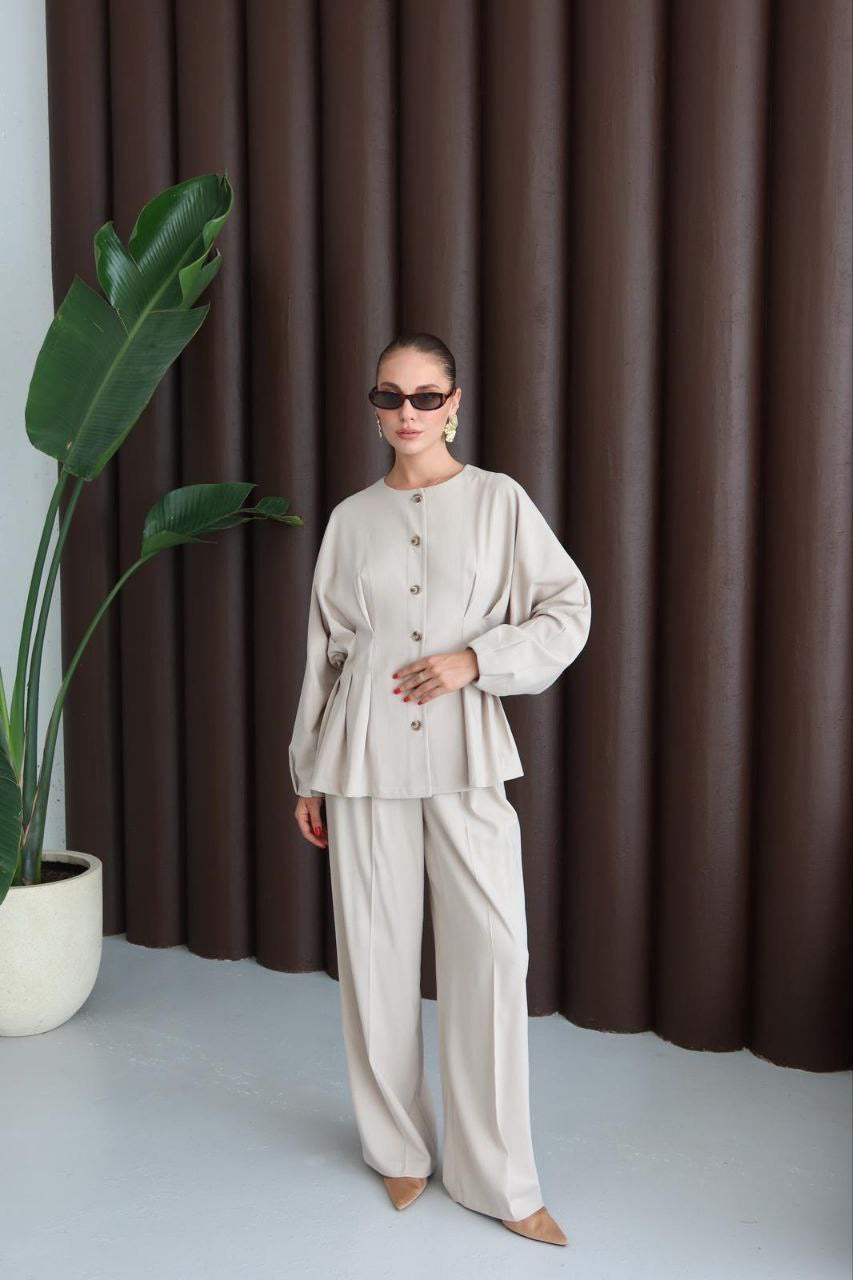 طقم جكيت مخصر مع بنطلون بيج - KP1344