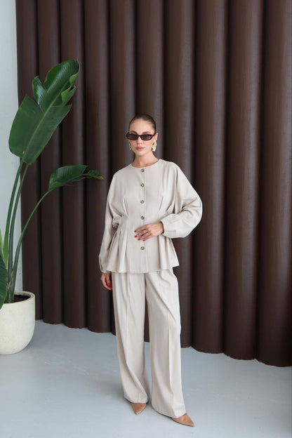 طقم جكيت مخصر مع بنطلون بيج - KP1344