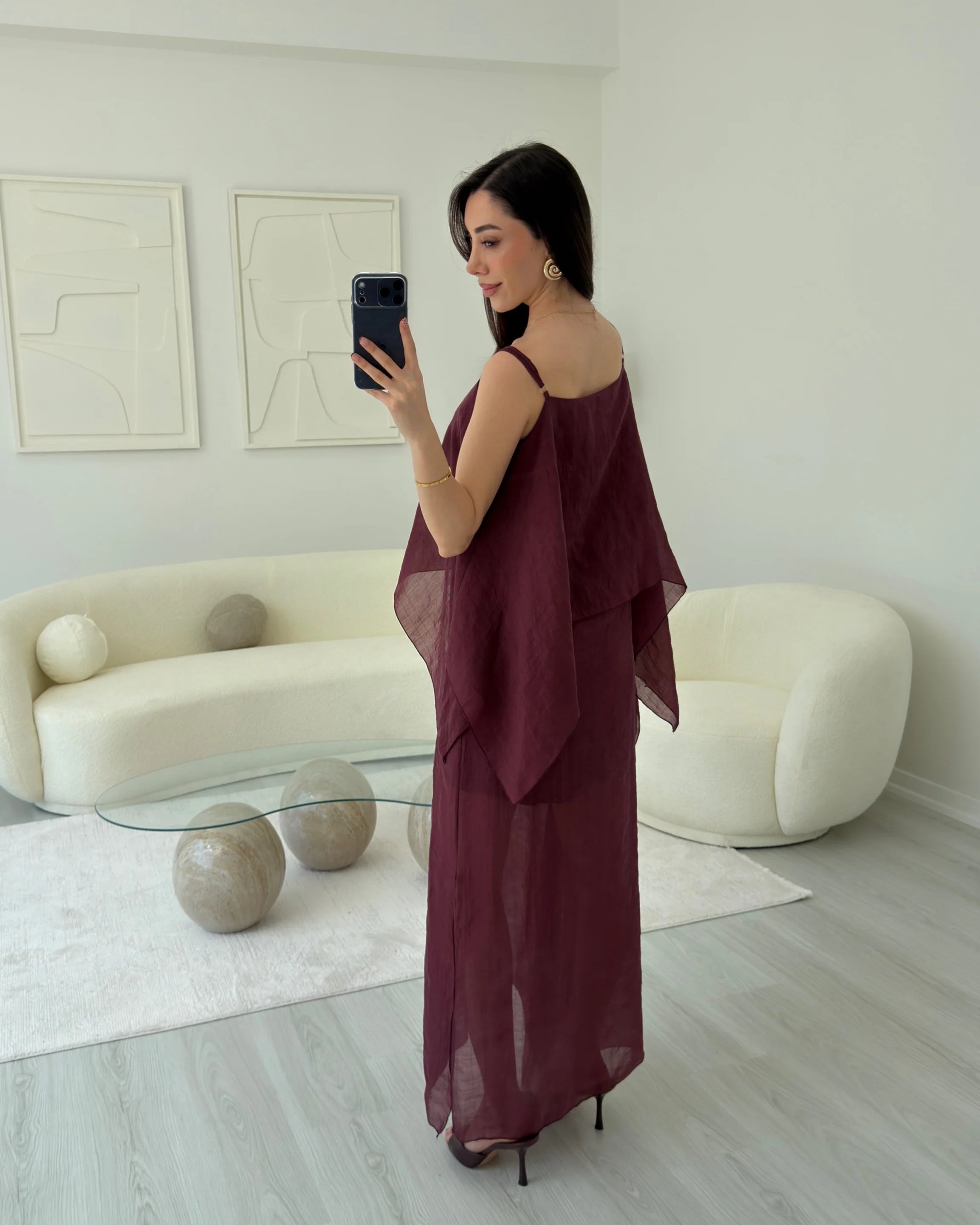فستان شيفون عنابي - KP2311