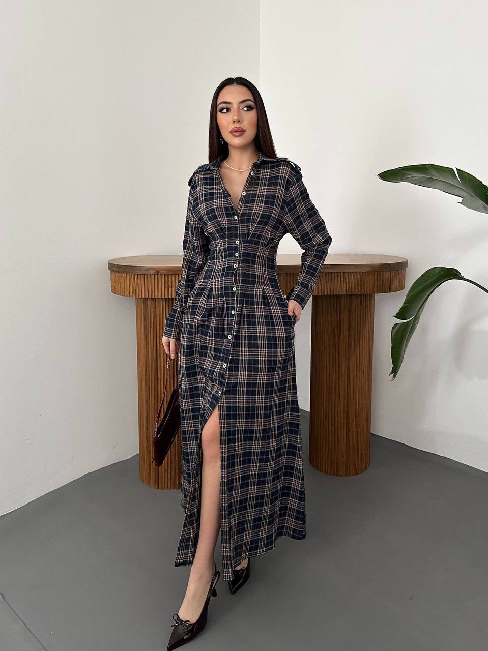 فستان كاروهات كحلي - KP2379