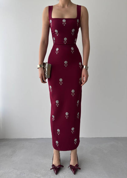 فستان عنابي بكرستال - KP2181