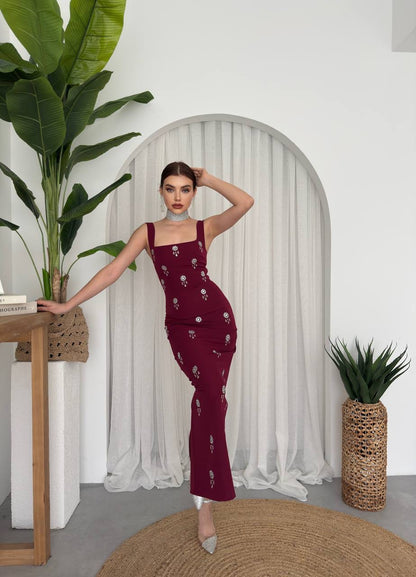 فستان عنابي بكرستال - KP2181