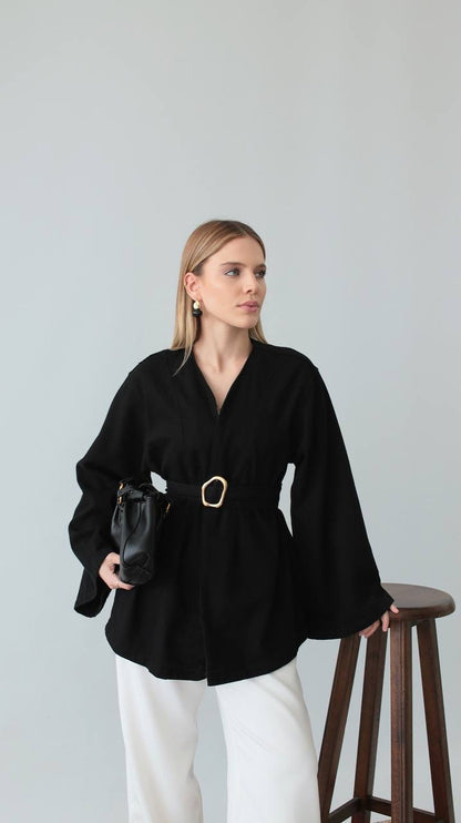 جكيت اسود بحزام - KP7094