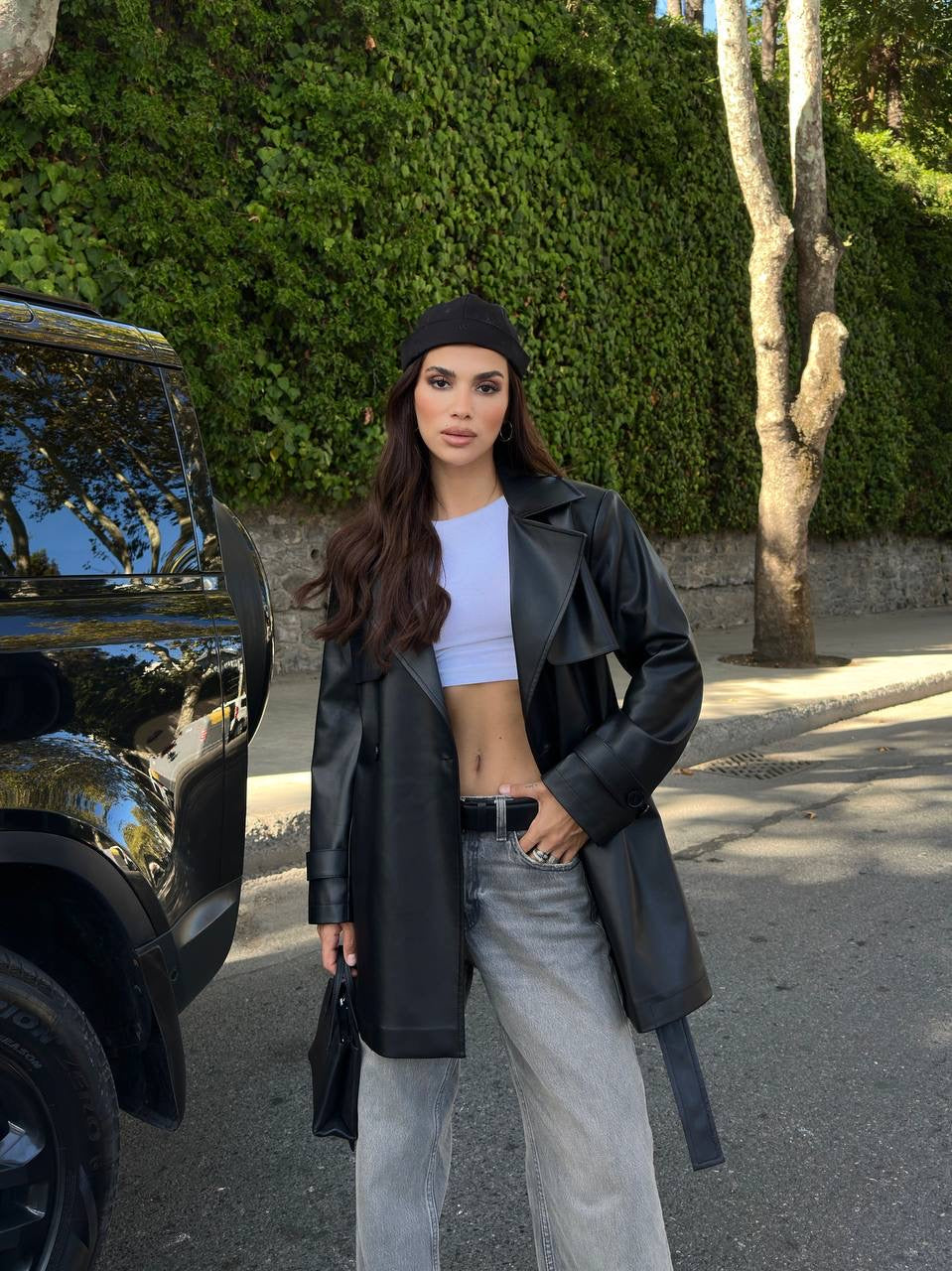 جكيت ترنش اسود جلد - KP7088