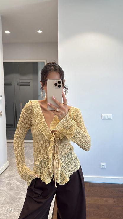 بلوزة دانتيل ربط اصفر - KP4249