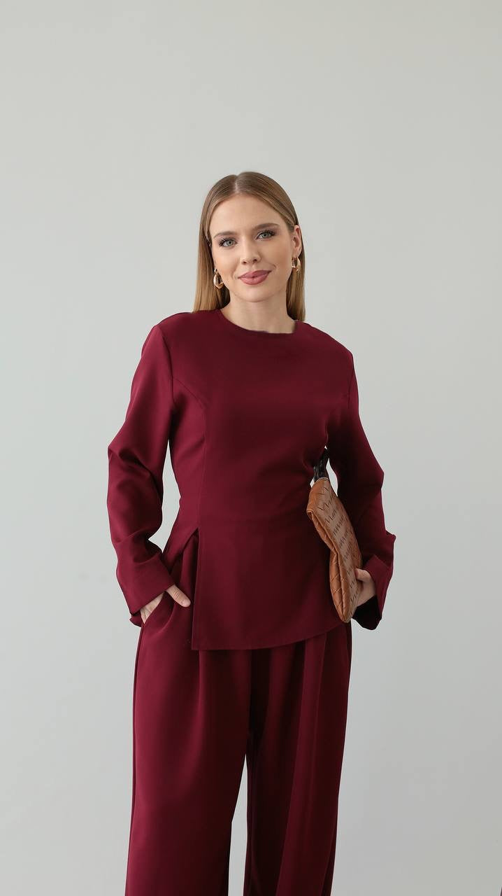 طقم بلوزة مع بنطلون خمري - KP1406