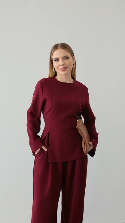 طقم بلوزة مع بنطلون خمري - KP1406