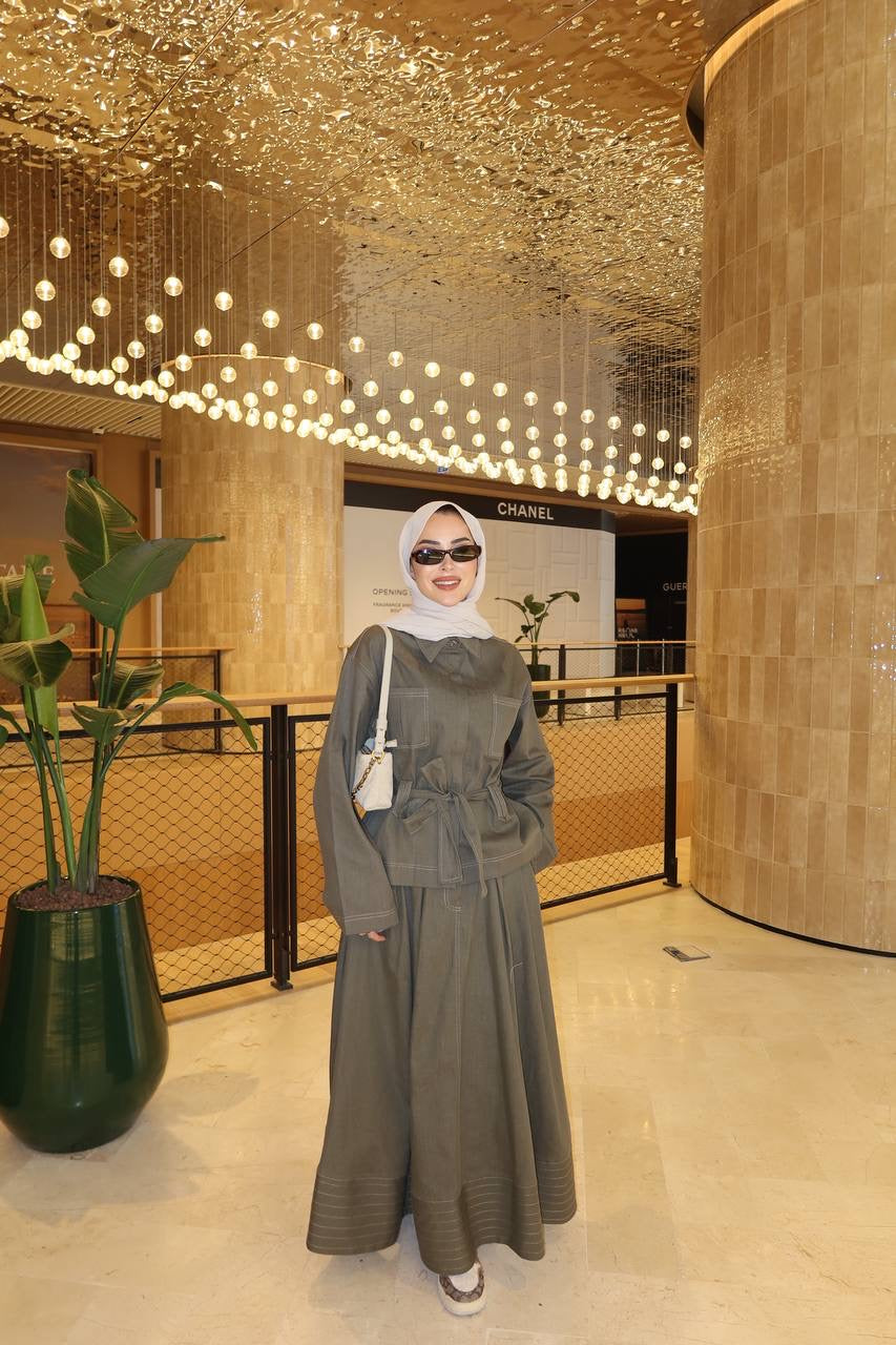 طقم جينز زيتي قميص مع تنورة - KP1426