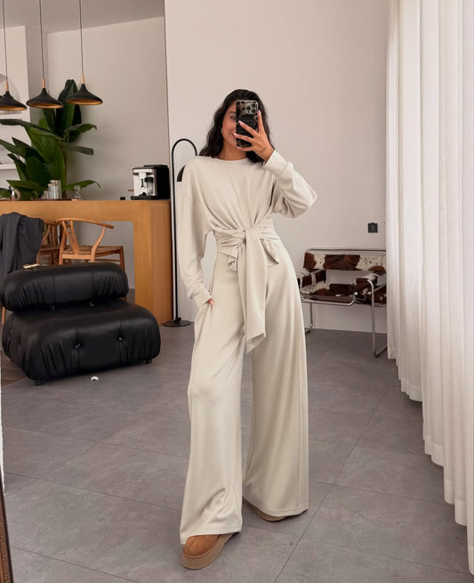 طقم بلوزة ربط مع بنطلون بيج - KP1396