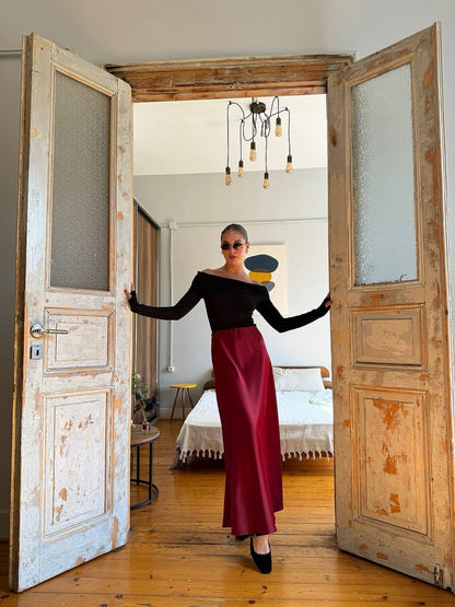 تنورة ستان مكسي خمري - KP6005