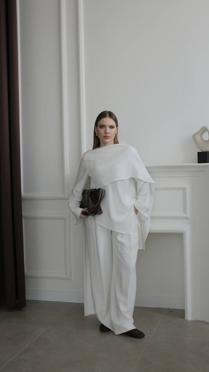 طقم بلوزة بشال مع بنطلون ابيض - KP1551