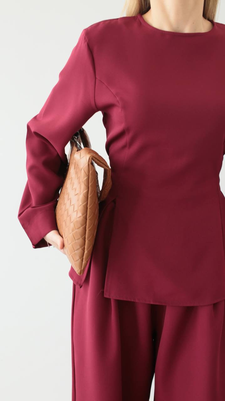 طقم بلوزة مع بنطلون خمري - KP1406