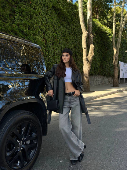 جكيت ترنش اسود جلد - KP7088