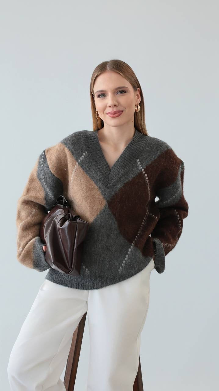 بلوزة رمادي وبني - KP4369