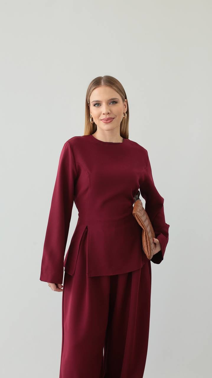 طقم بلوزة مع بنطلون خمري - KP1406