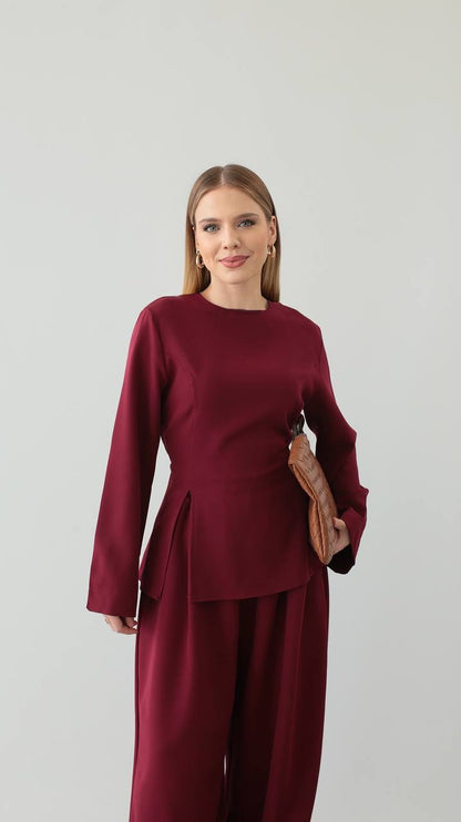 طقم بلوزة مع بنطلون خمري - KP1406