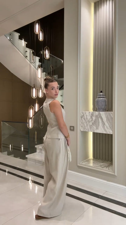 طقم ڤيست بسحاب وبنطلون بيج - KP1350