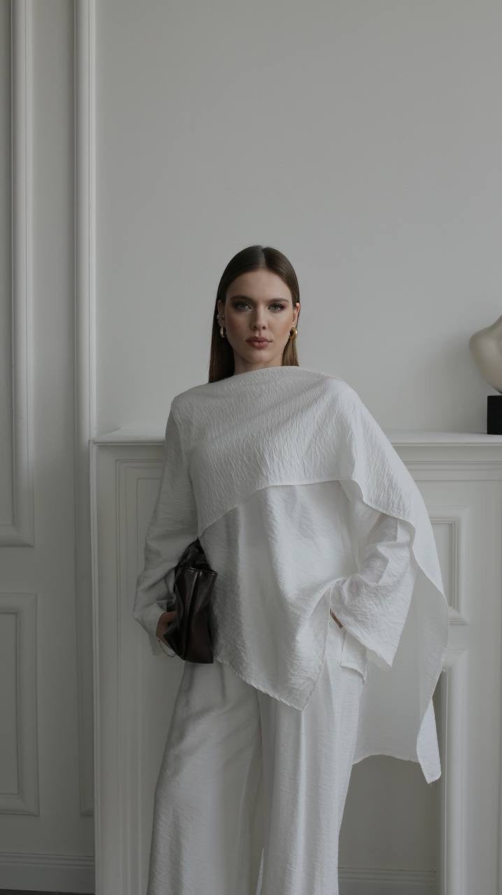 طقم بلوزة بشال مع بنطلون ابيض - KP1551