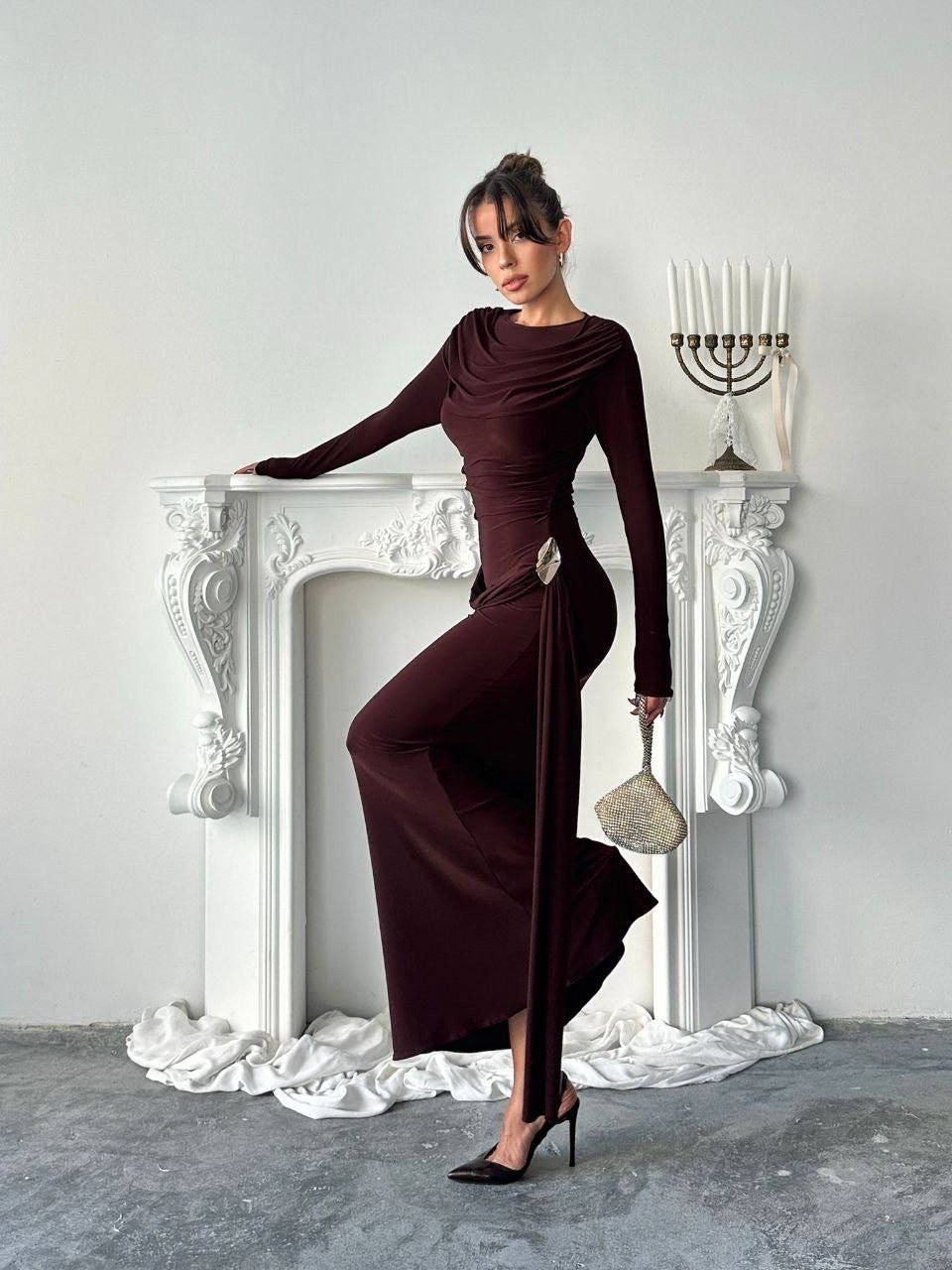 فستان لايكرا بني - KP2238