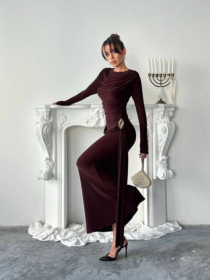 فستان لايكرا بني - KP2238