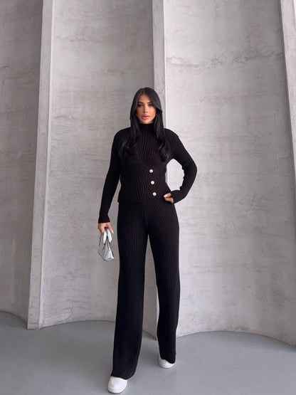 طقم اسود بلوزة بأزرار مع بنطلون - KP1394
