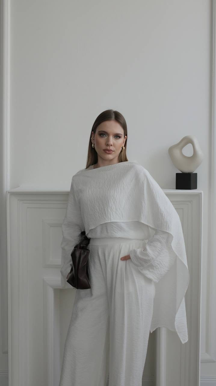 طقم بلوزة بشال مع بنطلون ابيض - KP1551