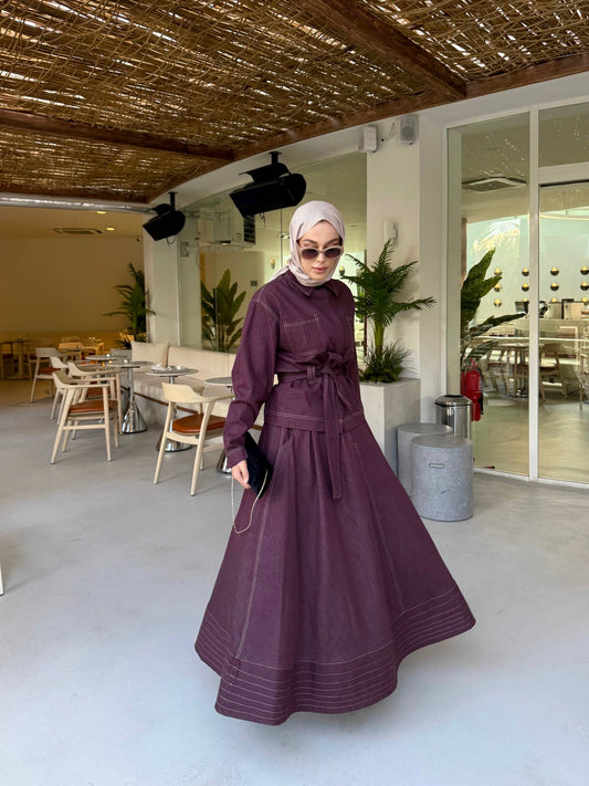 طقم جينز خمري قميص مع تنورة - KP1426