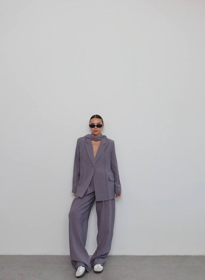 طقم بليزر بربطة مع بنطلون رمادي - KP1360