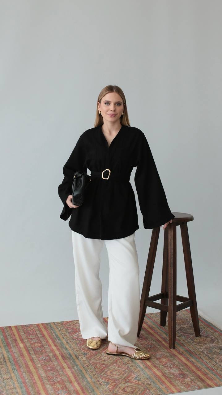 جكيت اسود بحزام - KP7094