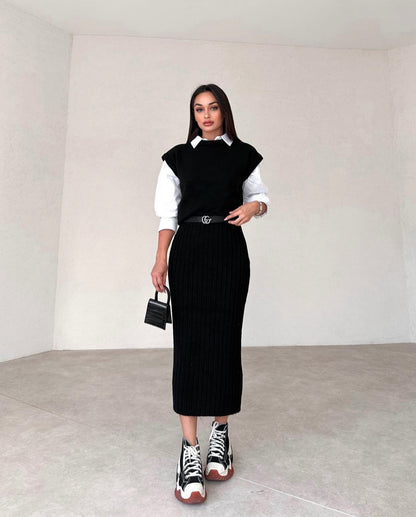 طقم تنورة مع فيست اسود - KP1100