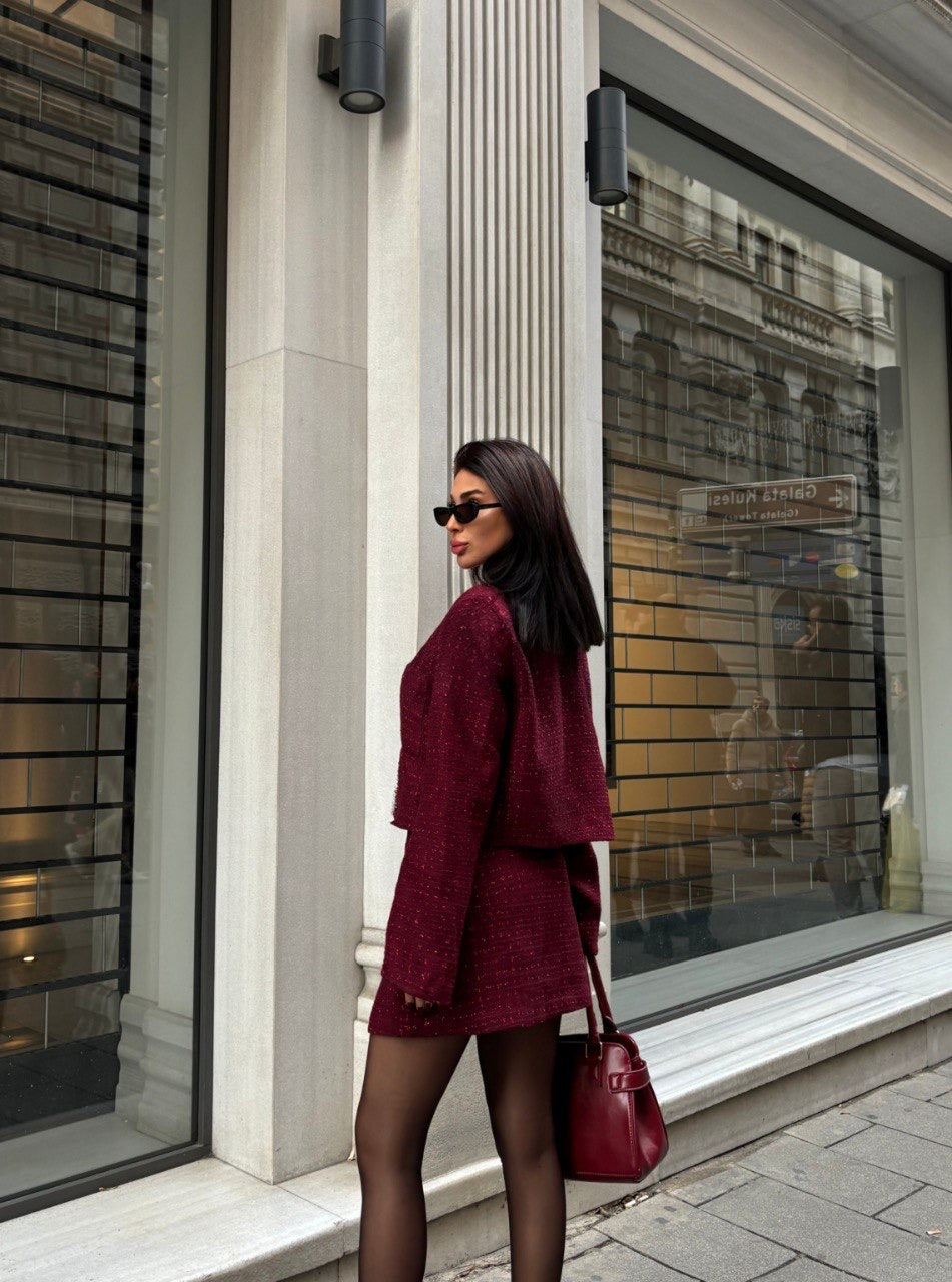 طقم جكيت مع تنورة خمري - KP1374