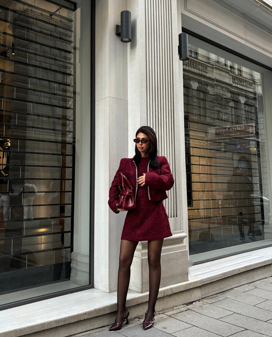 طقم جكيت مع تنورة خمري - KP1374