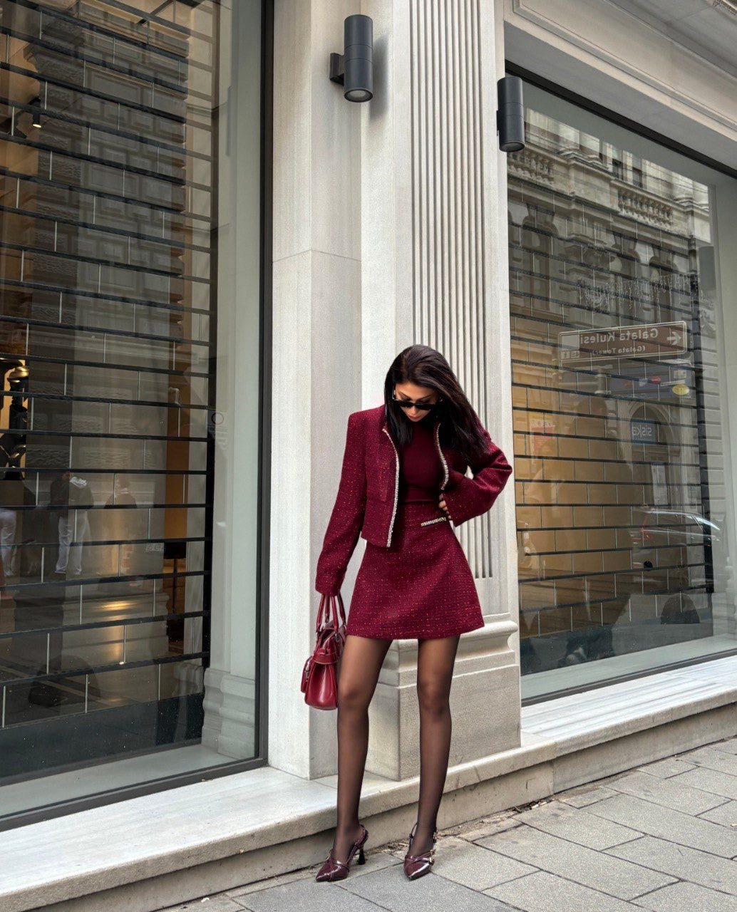 طقم جكيت مع تنورة خمري - KP1374