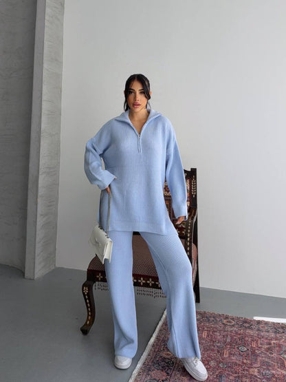 طقم بلوزة بسحاب مع بنطلون ازرق - KP1375