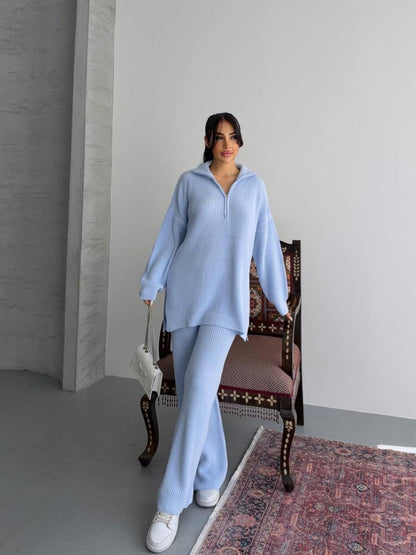 طقم بلوزة بسحاب مع بنطلون ازرق - KP1375