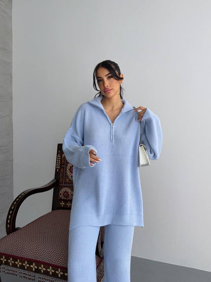 طقم بلوزة بسحاب مع بنطلون ازرق - KP1375