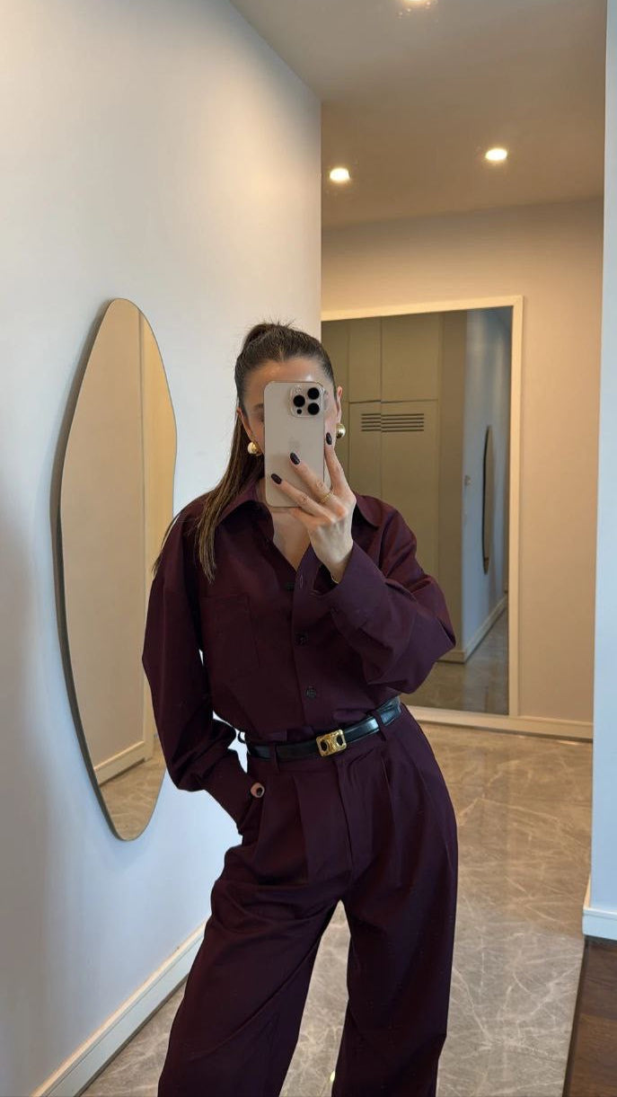 طقم قميص مع بنطلون عنابي - KP1376