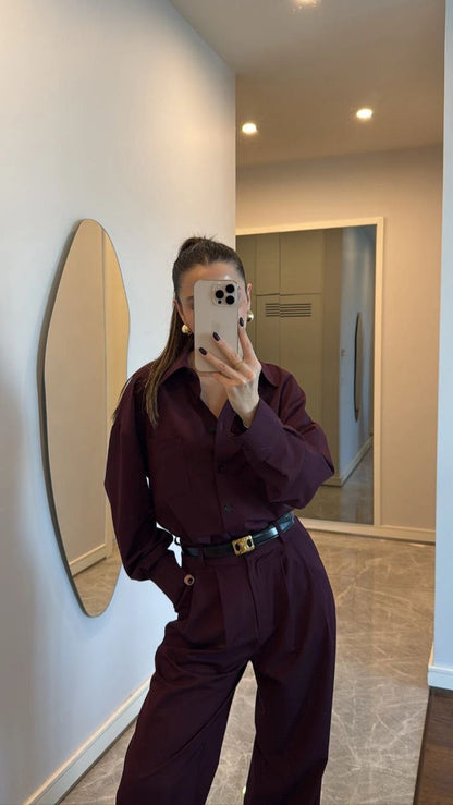 طقم قميص مع بنطلون عنابي - KP1376